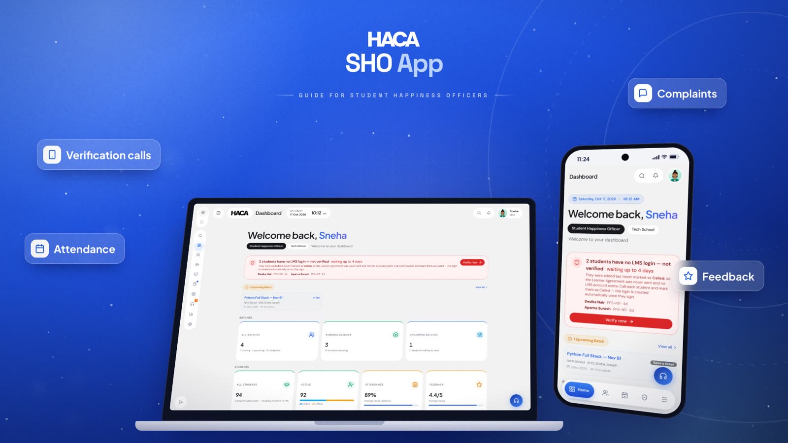 SHO App student management platform on laptop and phone